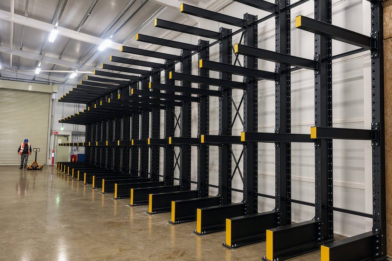 Run of black cantilever racking with yellow arm ends in a warehouse