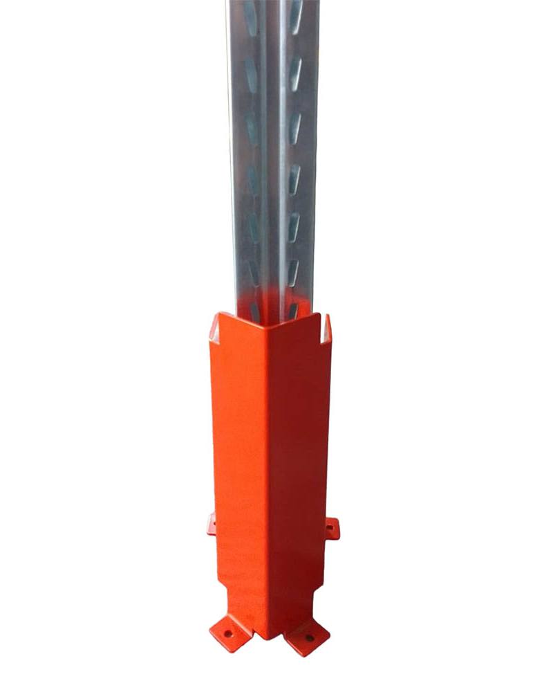 Orange steel frame protector for a racking upright, shown on a white background