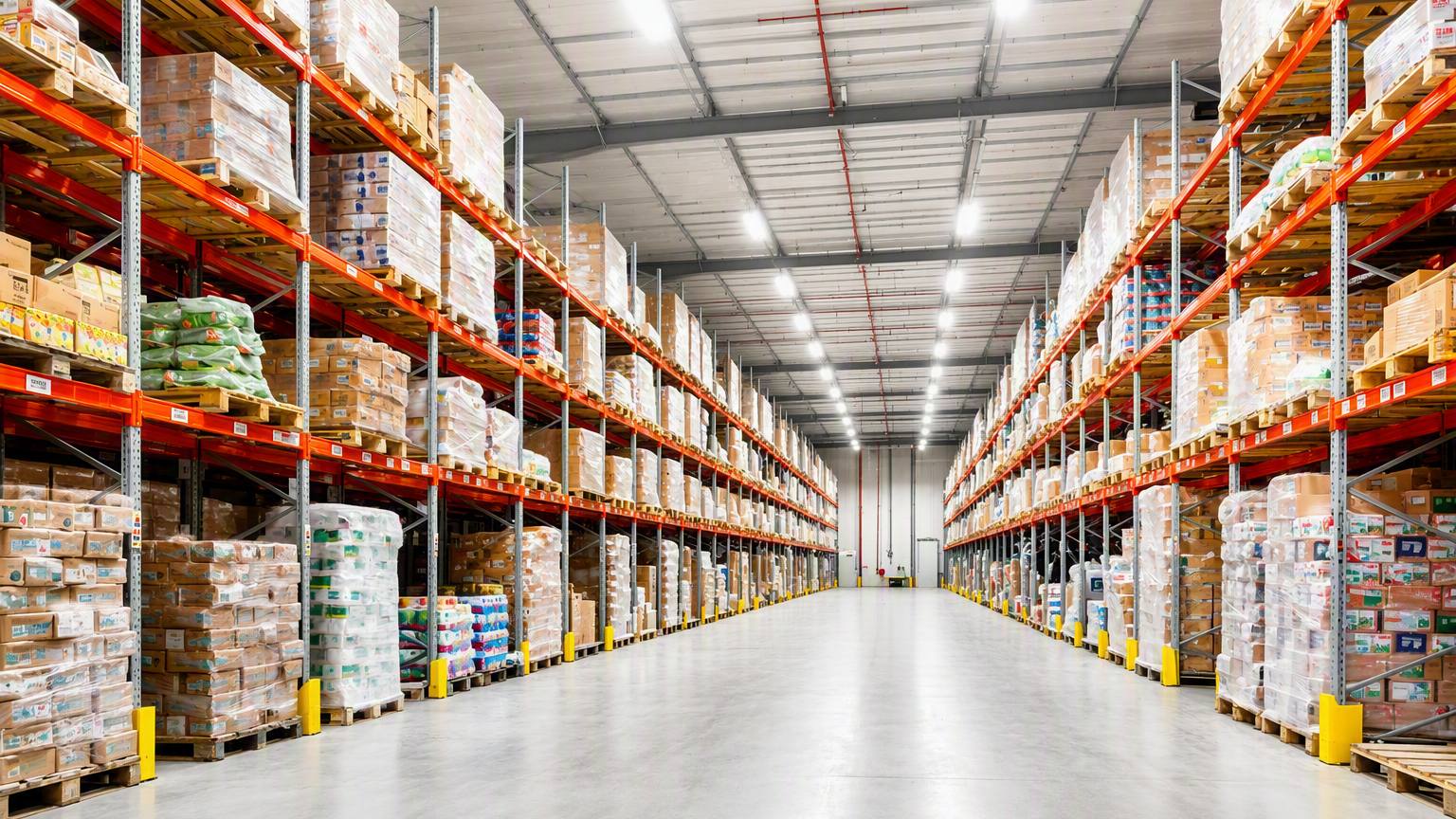 Truck working in a narrow aisle between two stocked pallet racking runs