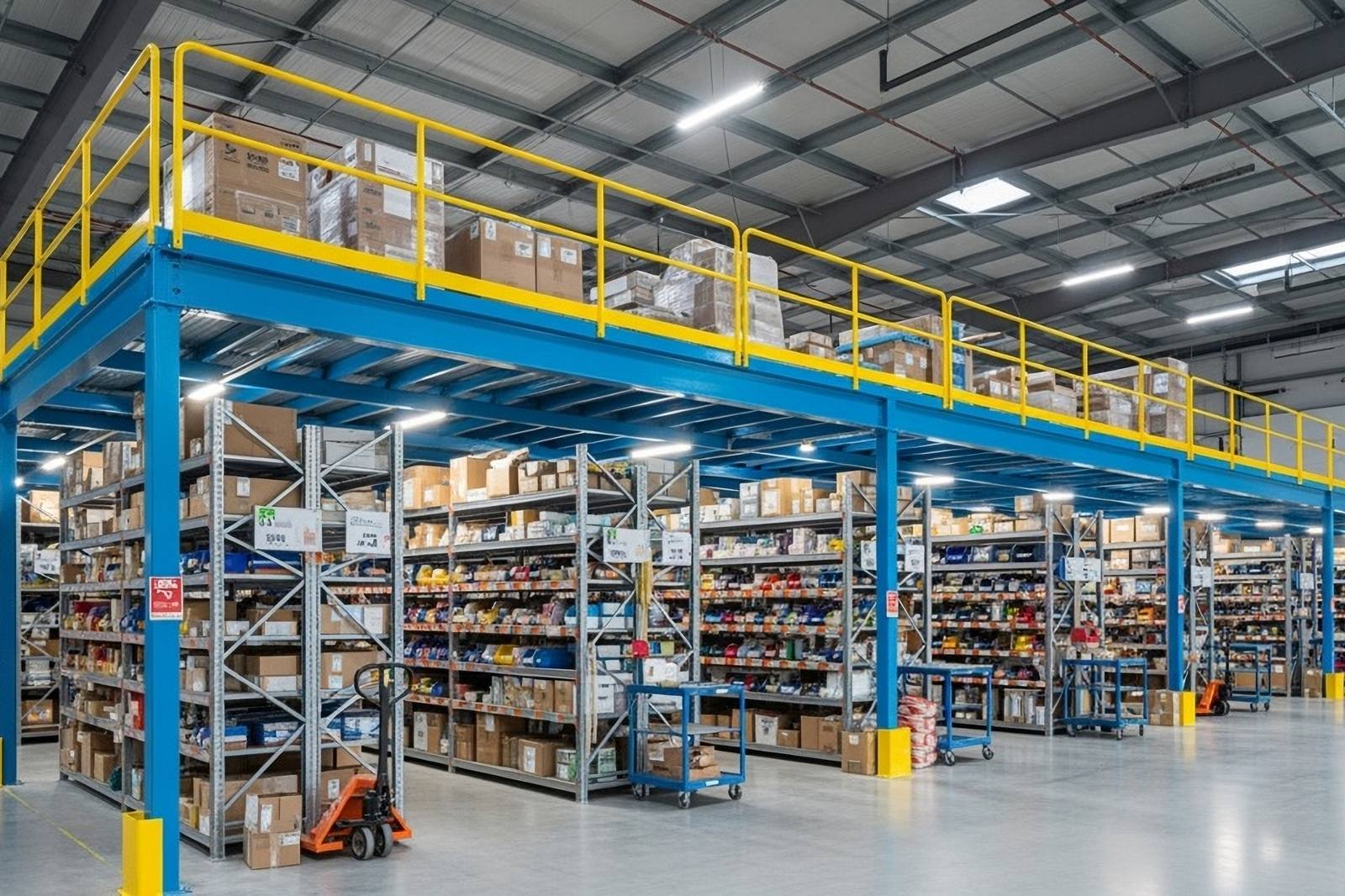 Steel mezzanine floor on blue columns inside a warehouse unit
