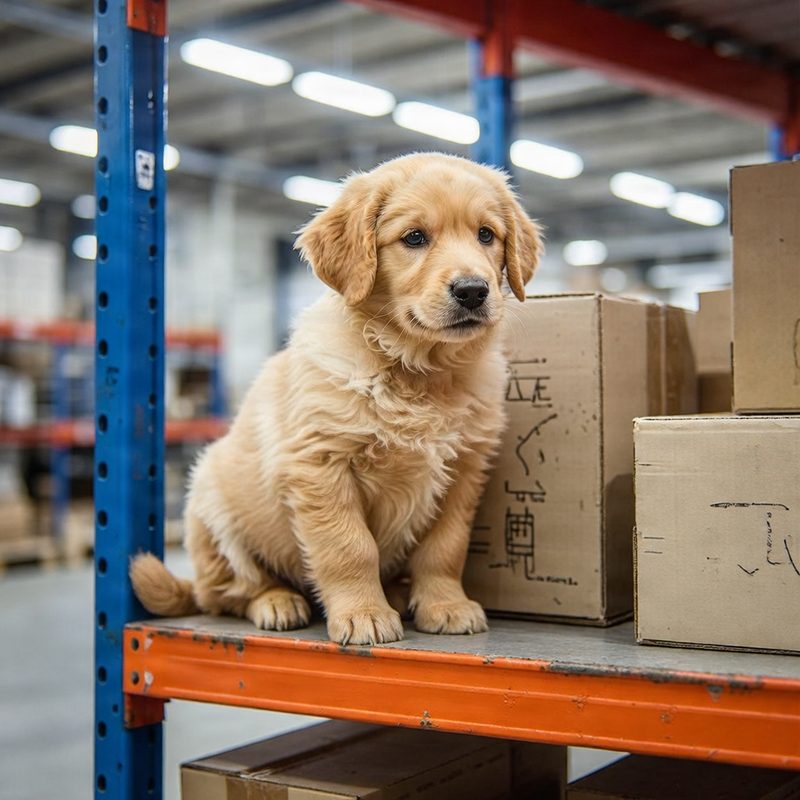 A puppy sitting on a shelf of pallet racking beside cardboard boxes